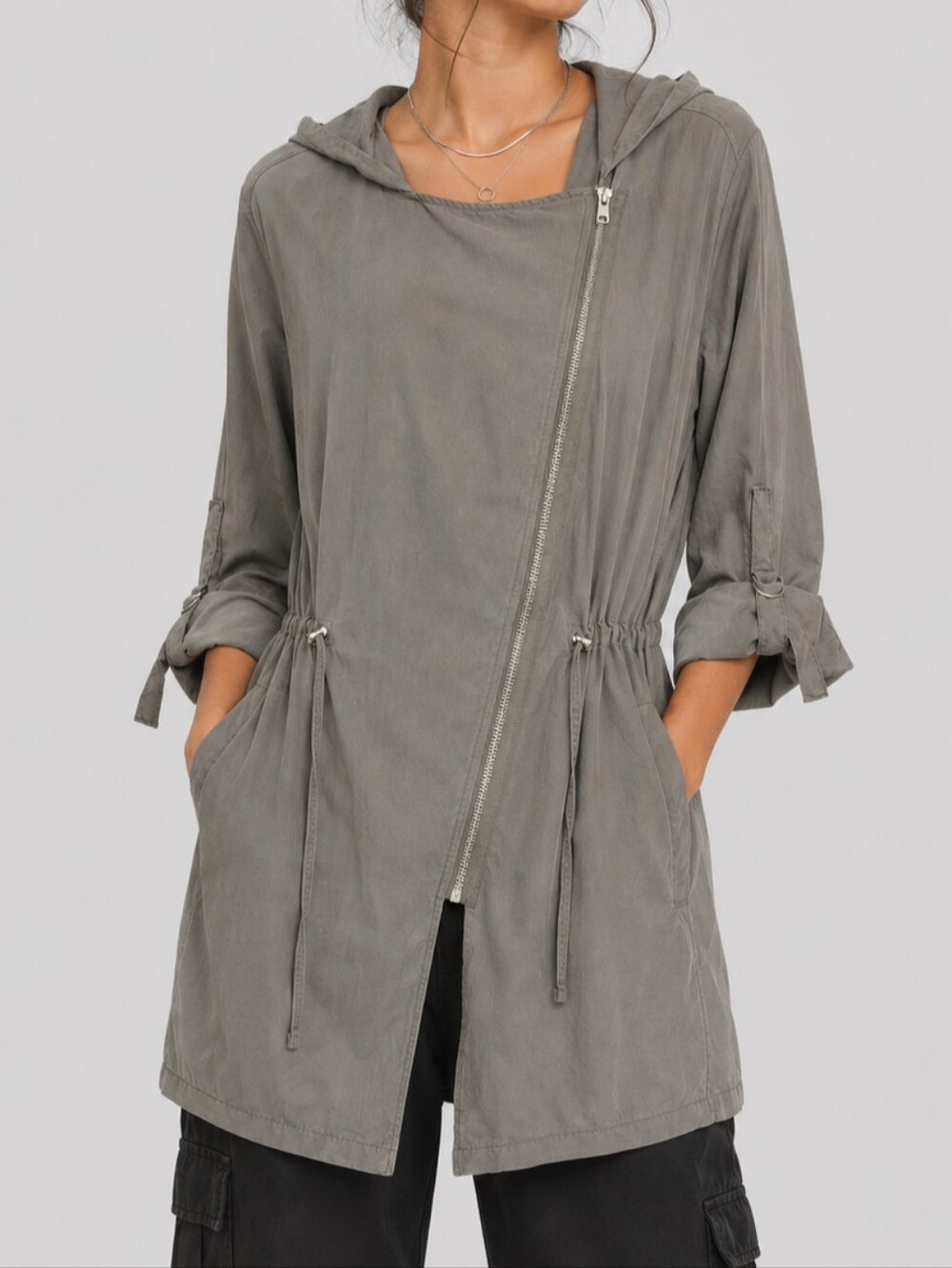 H&M Divided Utility Parka Jacket Womens 12 L Sage Green Gorpcore Asym Zip